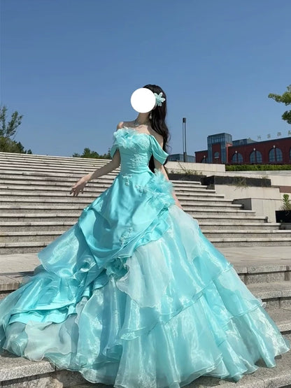 Cute Long Tiered Quinceañera Dresses Ball Gown Off The Shoulder With Short Sleeves Blue Quince Dress MP126