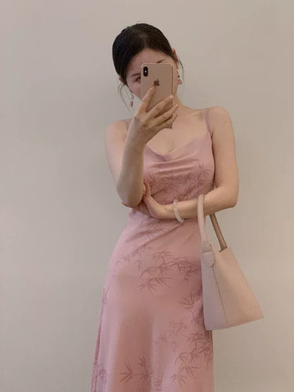 Robe longue de soirée rose florale sexy moulante à bretelles spaghetti pour femmes Robes de fête Tenues de plage de vacances MP182
