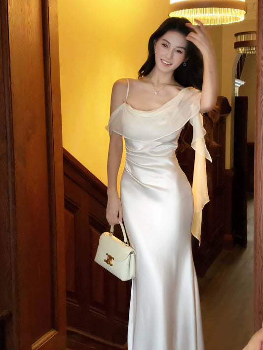 Sexy Mermaid Spaghetti Strap White Silky Satin Ideas For Women 21st Impress Birthday Dress Evening Night Outfits MP098