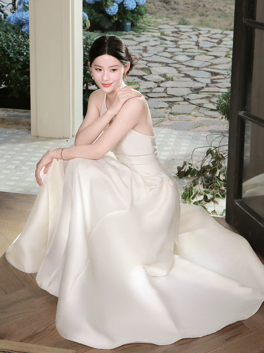 French Style Casual A line Halter Ivory Satin Ankle Length Ideas For Women 18th Impress Birthday Dress Evening Night Outfits MP136