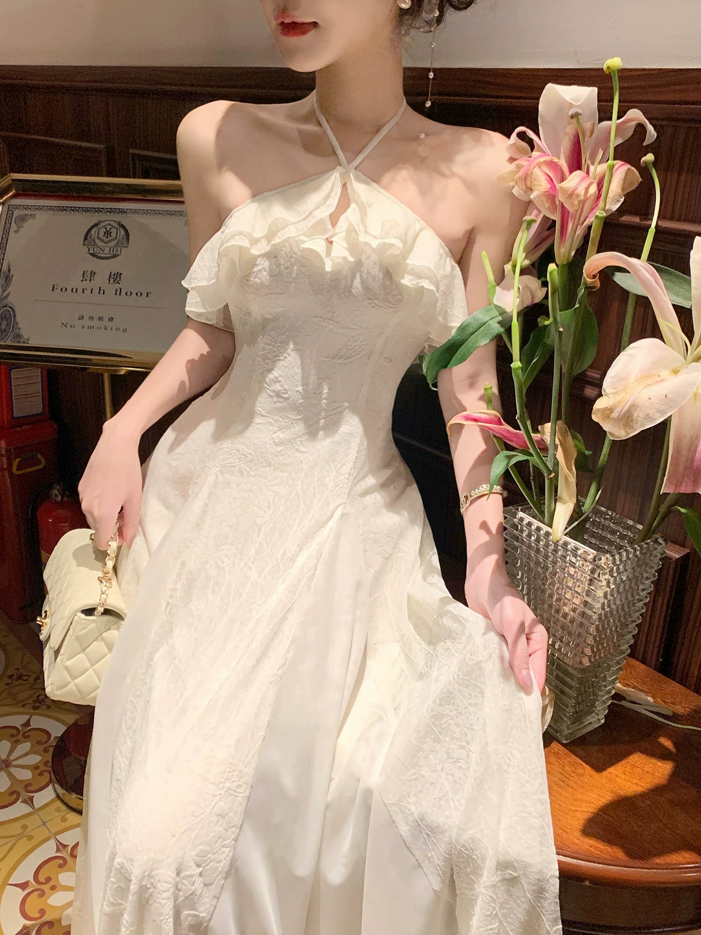 Élégante Robe Trapèze Licou en Mousseline Ivoire pour 18e Anniversaire, Robes de Soirée et Tenues de Plage de Vacances pour Femmes MP207