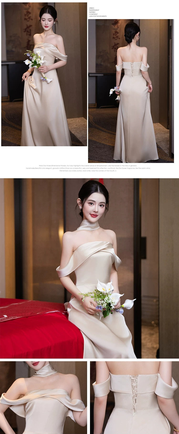 Elegantes A-Linien Neckholder Champagner Satin Bodenlanges Frühlings Sommer Brautjungfernkleid MP165