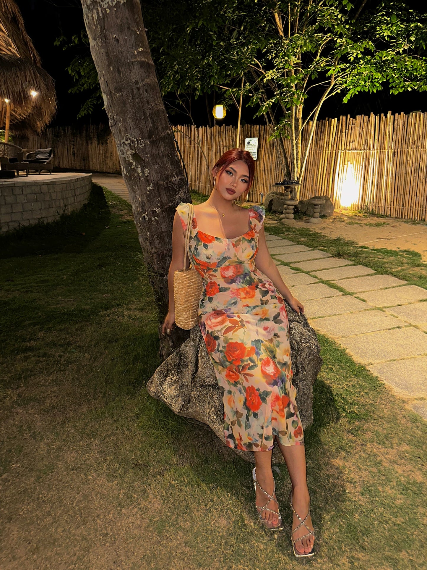 Große Größen Damen Sommer dünnes, figurbetontes Retro-Blumen-Maxikleid für den Strandurlaub MP084