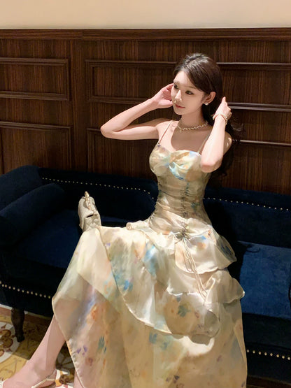 Robe de soirée sirène vintage en mousseline de soie verte à bretelles spaghetti et imprimé floral pour femme, robe de fête d'anniversaire pour ses 18 ans, tenues de plage pour les vacances MP208