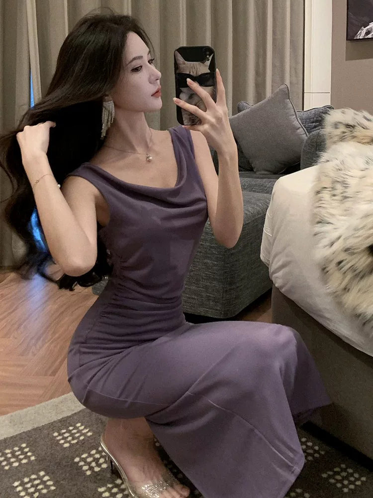 Sexy Meerjungfrau Neckholder Maxikleid in Lila für Damen Geburtstagsparty Kleider Urlaub Strand Outfits MP187