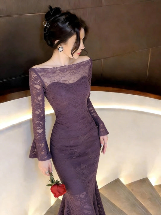 Sexy Mermaid Bateau Neck Long Sleeves Grape Wedding Guest Dresses For Women Spring Party Dresses Night Evening Outfits MP175