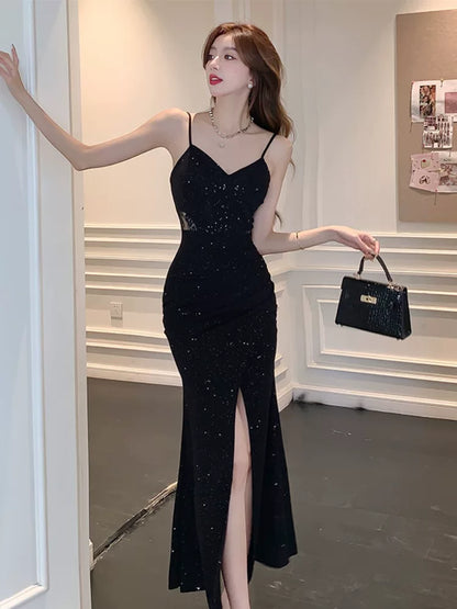 Robe de Soirée Anniversaire Noire Sirène Simple à Bretelles Fines Pailletée avec Fente pour Femme Robes de Fête Tenues de Vacances Plage MP201