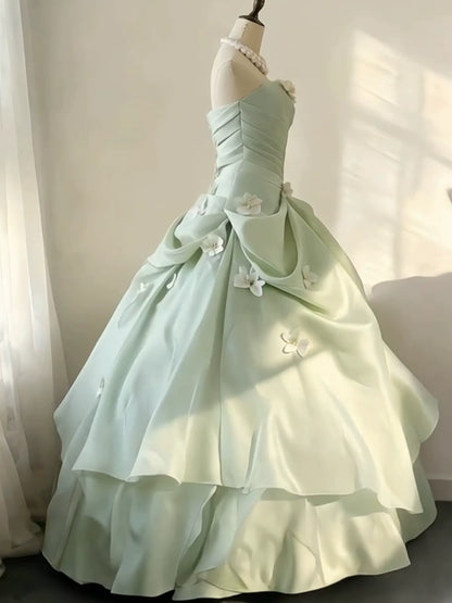 Elegant Long Tiered Quinceañera Dresses Ball Gown Strapless Mint Green Organza Long Sweet 16 Gown Quince Dress MP156