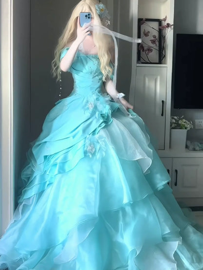 Sweet Long Tiered Quinceañera Dresses Ball Gown Off The Shoulder With Short Sleeves Blue Quince Dress MP157