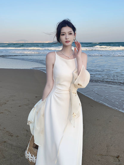 Französischer Stil A-Linie Spaghettiträger Weiß Ideen für Frauen 18. Beeindruckendes Sommer Strand Ball Geburtstagskleid Abend Nacht Outfit MP273