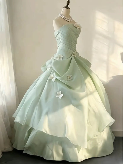 Elegant Long Tiered Quinceañera Dresses Ball Gown Strapless Mint Green Organza Long Sweet 16 Gown Quince Dress MP156