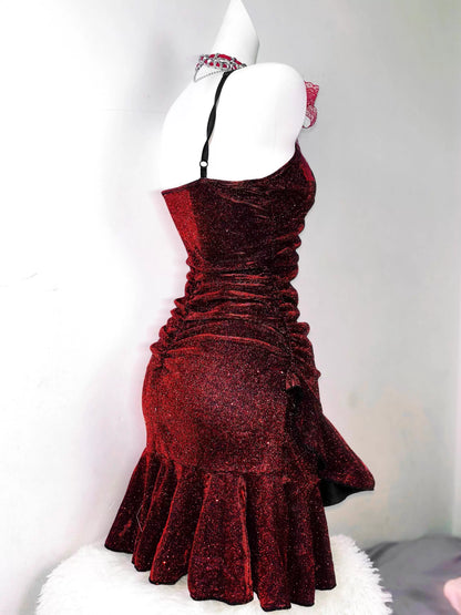 Robe de soirée courte sirène sexy à fines bretelles bordeaux à sequins, tenues de soirée MP166