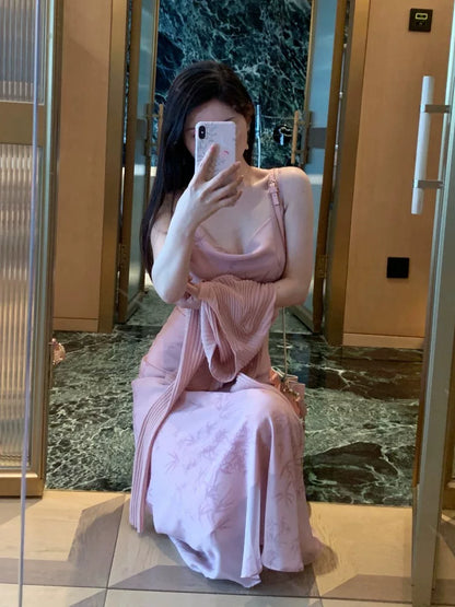 Robe longue de soirée rose florale sexy moulante à bretelles spaghetti pour femmes Robes de fête Tenues de plage de vacances MP182
