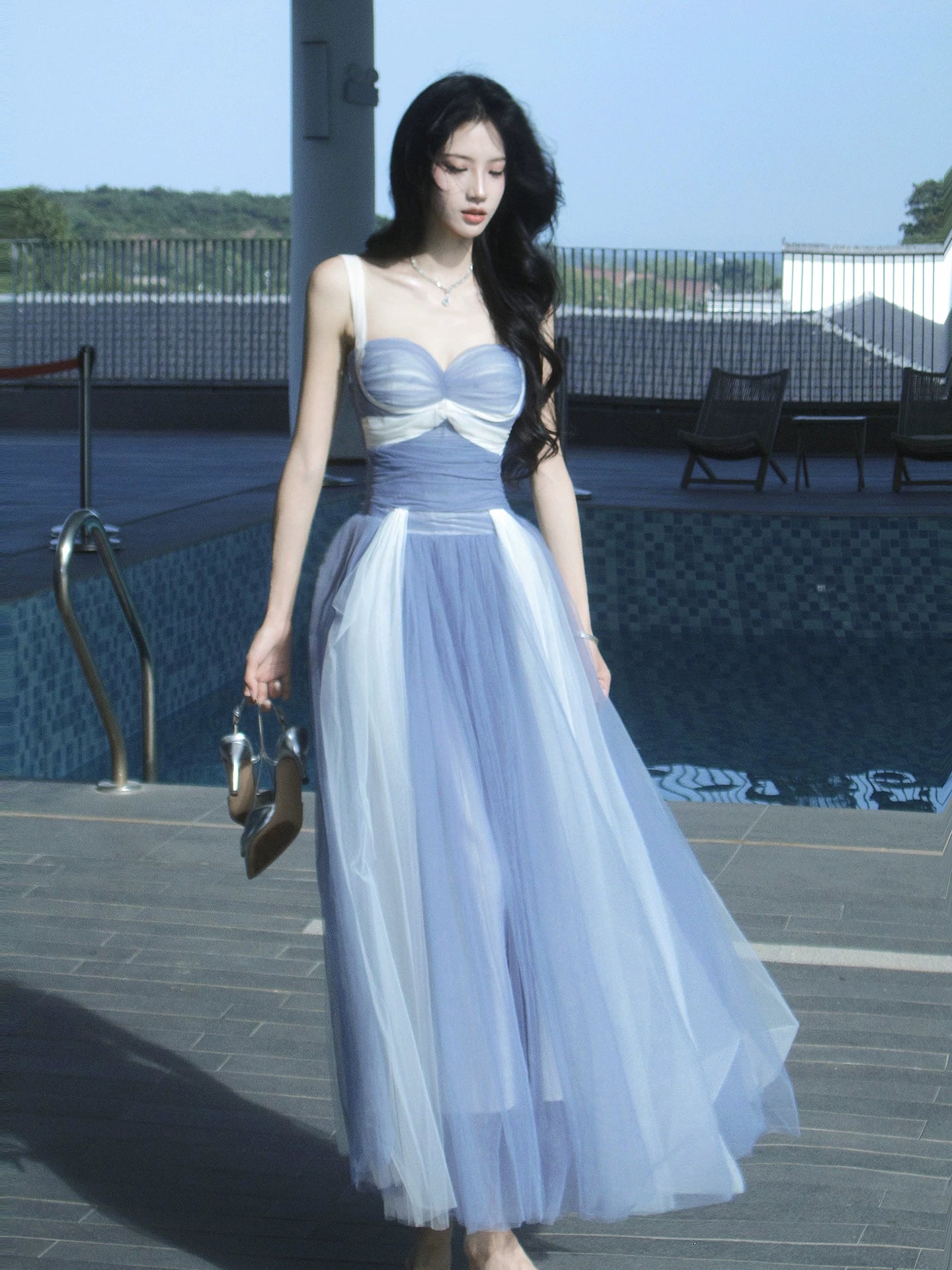 Modest A line French Style Strap White Ombre Blue Ideas For Women 18th Impress Birthday Dress Evening Night Outfit MP141