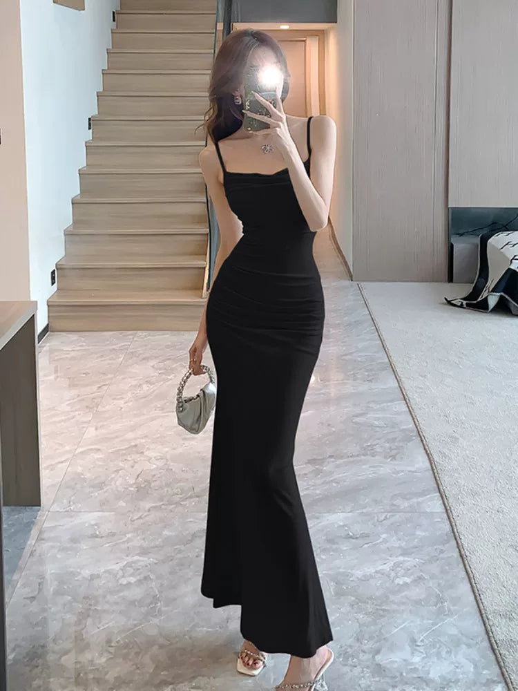 Simple Mermaid Spaghetti Strap Black Wedding Guest Dresses For Women Party Dresses Night Evening Outfits MP194