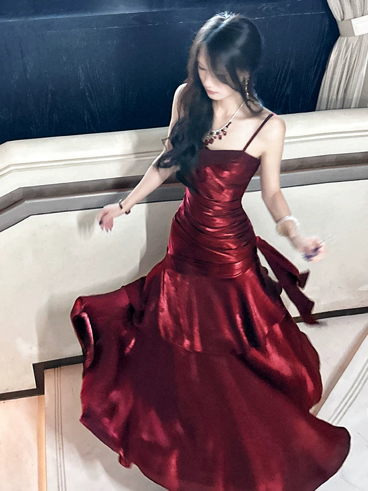 Elegant Mermaid Spaghetti Strap Burgundy Satin 18th Birthday Gown For Women Party Dresses Holiday Beach Outfits MP221