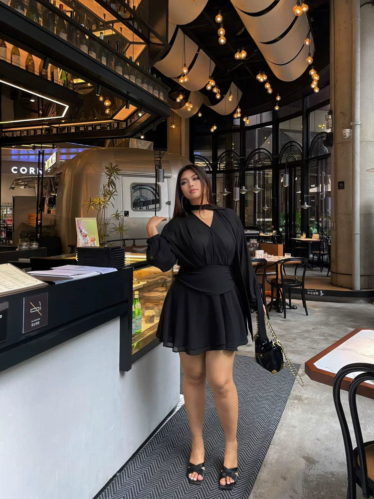 Black V-neck long-sleeved shirt dress for women plus size sexy waist-cinching slimming short holiday dress mp087