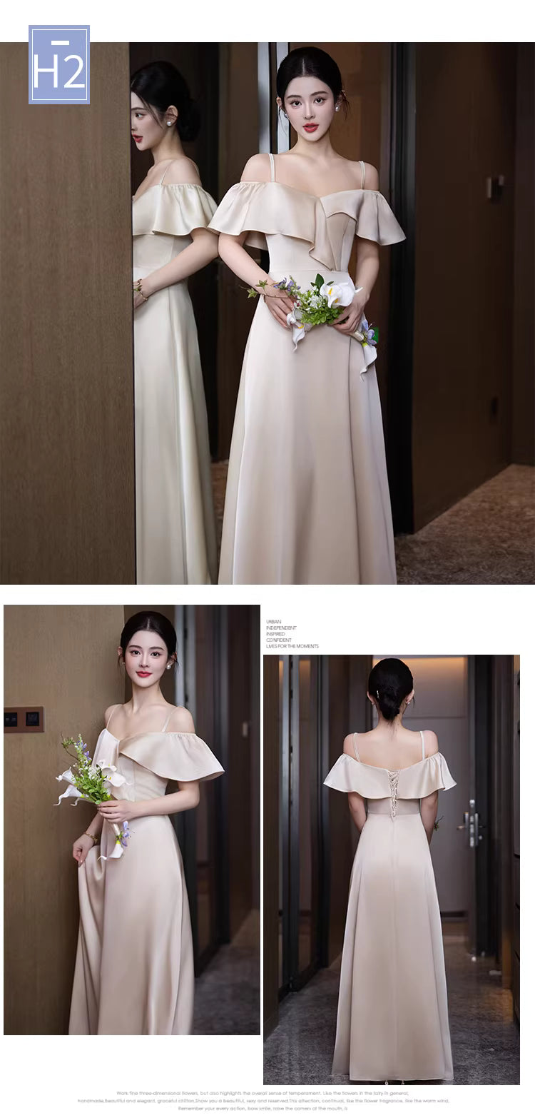 Elegantes A-Linien Neckholder Champagner Satin Bodenlanges Frühlings Sommer Brautjungfernkleid MP165