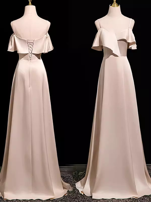 Schlichtes A-Linien-Brautjungfernkleid aus rosafarbenem Satin, bodenlang, für Frühling/Sommer MP163