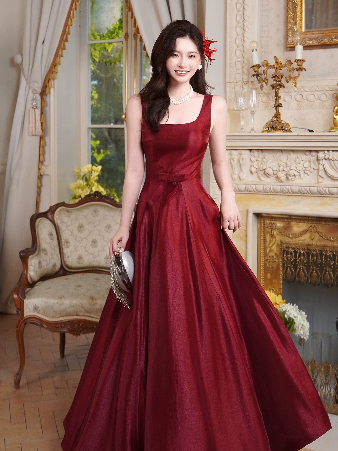 Charming A Line Square Neck Burgundy Mid Length Ideas For Women 21st Impress Birthday Dress Evening Night Outfit MP108