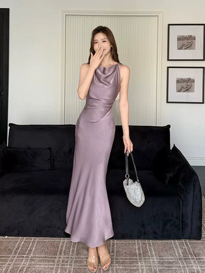 Robes de soirée simples en satin lilas à col bénitier sirène pour femmes Robes de fête Tenues de soirée MP186