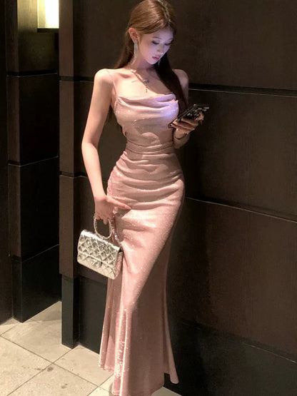 Robe de soirée sirène simple à fines bretelles rose poudré à sequins et longueur ras du sol pour femme – tenues de fête, de vacances, de plage MP188