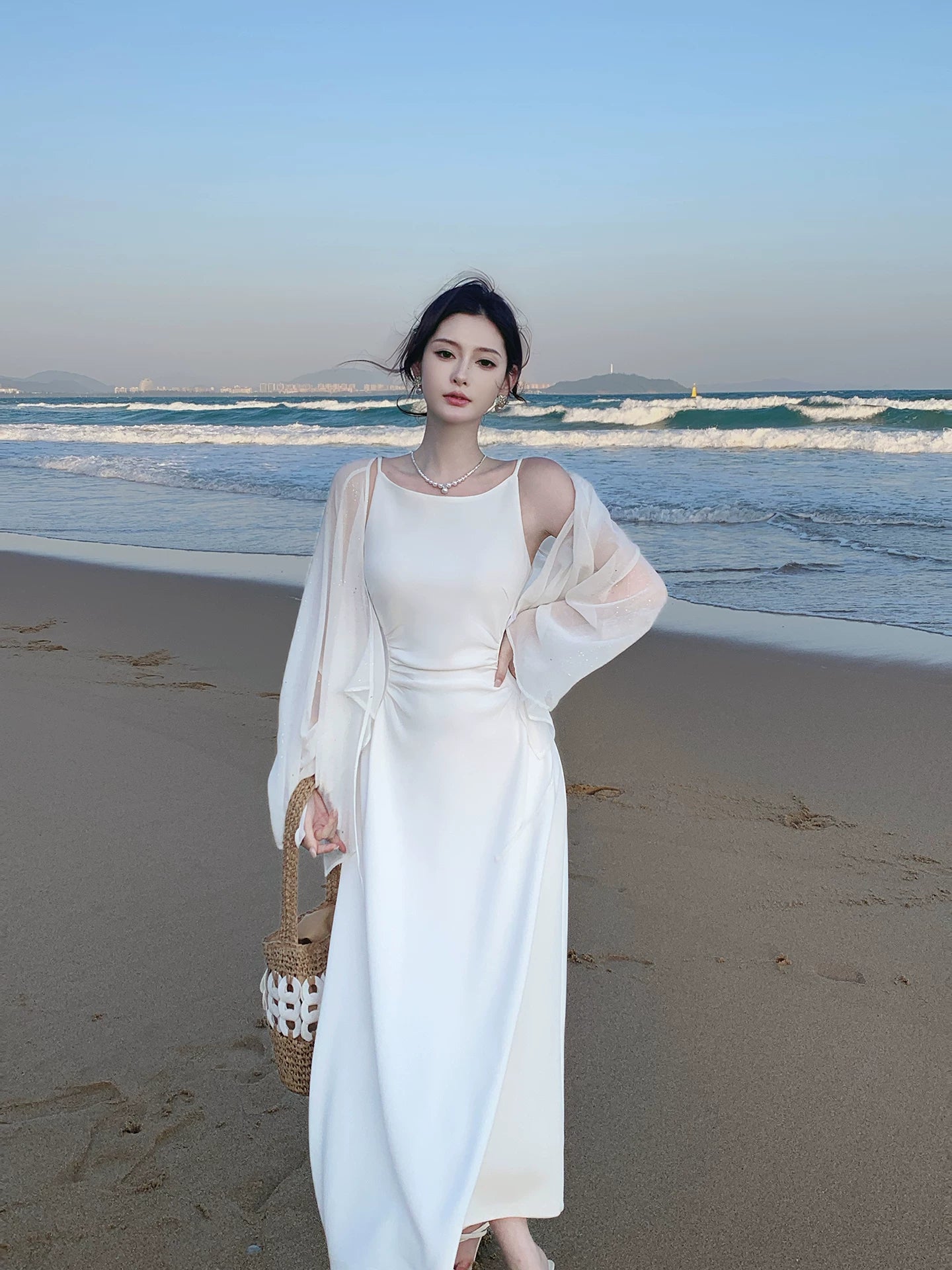 Französischer Stil A-Linie Spaghettiträger Weiß Ideen für Frauen 18. Beeindruckendes Sommer Strand Ball Geburtstagskleid Abend Nacht Outfit MP273
