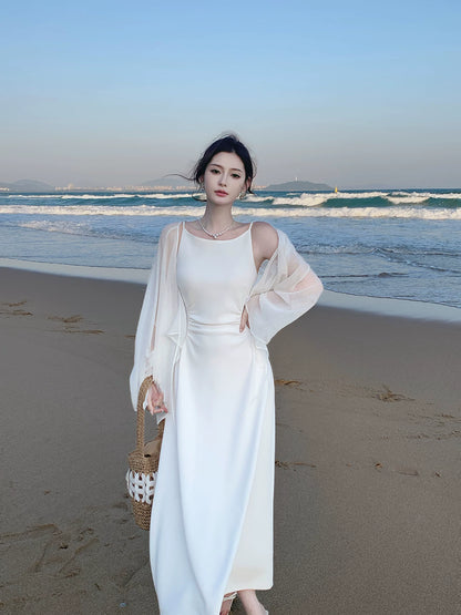 Französischer Stil A-Linie Spaghettiträger Weiß Ideen für Frauen 18. Beeindruckendes Sommer Strand Ball Geburtstagskleid Abend Nacht Outfit MP273