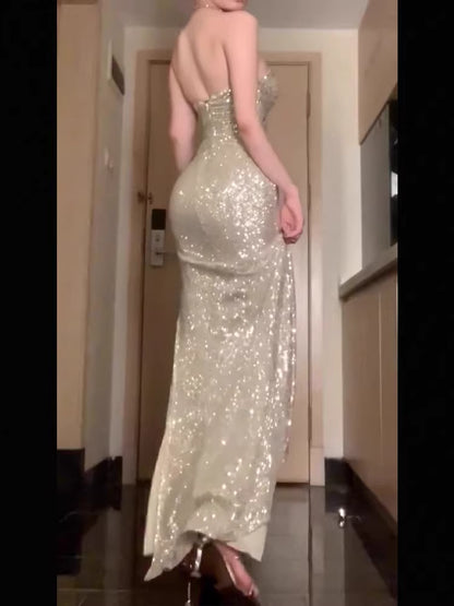 Sexy Meerjungfrau Trägerloses Champagner Pailletten Schlitz Partykleid Lange Abendgarderobe MP167