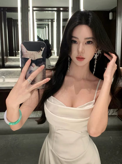 Sexy A-Linien Spaghettiträger Elfenbein Satin Ballkleid für Damen Partykleider Lange Nacht Geburtstag Abend Outfits MP198