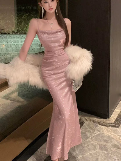 Robe de soirée sirène simple à fines bretelles rose poudré à sequins et longueur ras du sol pour femme – tenues de fête, de vacances, de plage MP188