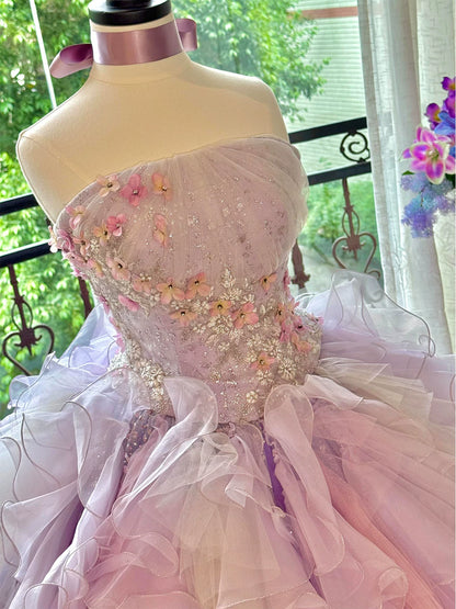 Sweet Long Tiered Quinceañera Dresses Ball Gown Strapless Lilac With Layered Ruffle Quince Dress MP162