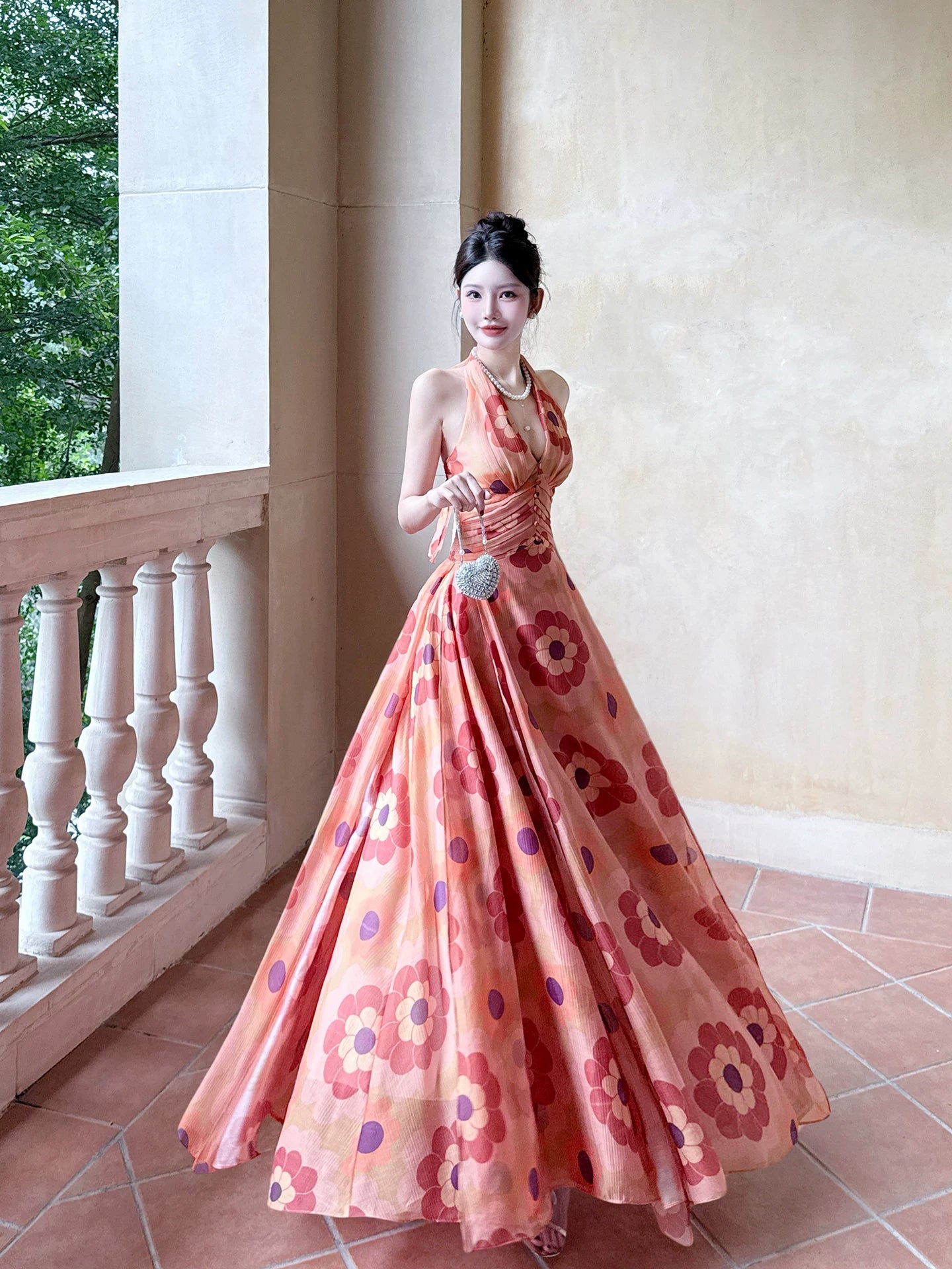 French Style A line Halter Floral Chiffon Ideas For Women 21st Impress Birthday Dress Evening Night Outfit MP146