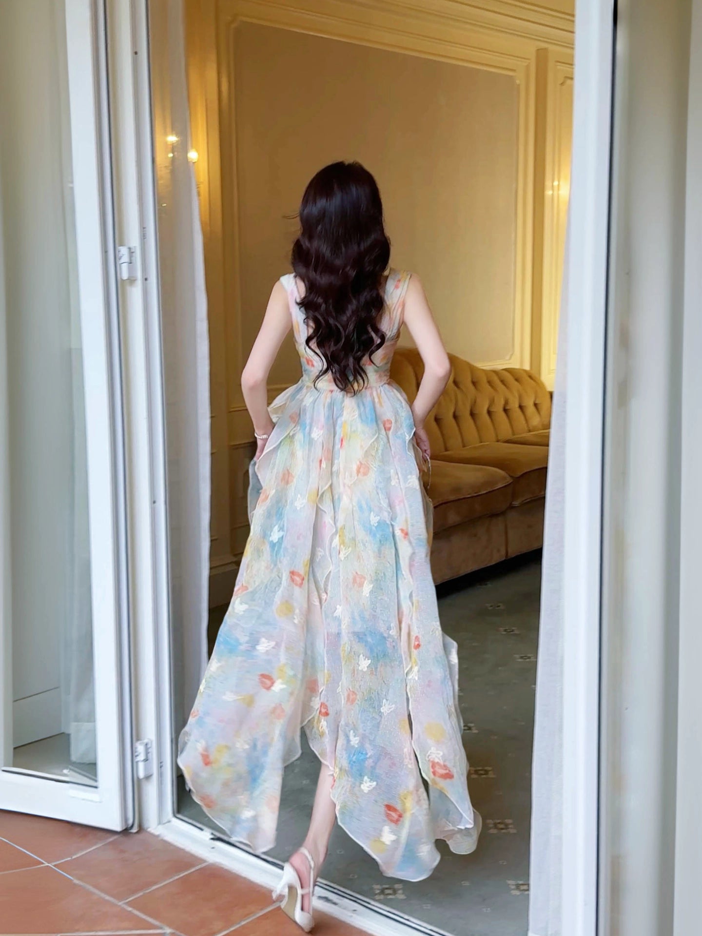 French Style A line Sweetheart Floral Chiffon Layers For Women Party Dress Long Night Evening Outfits MP170