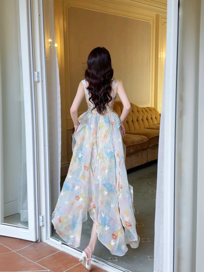 French Style A line Sweetheart Floral Chiffon Layers For Women Party Dress Long Night Evening Outfits MP170