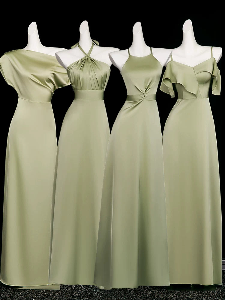 Simple A line Halter Olive Green Satin Floor Length Spring Summer Bridesmaid Dresses MP164