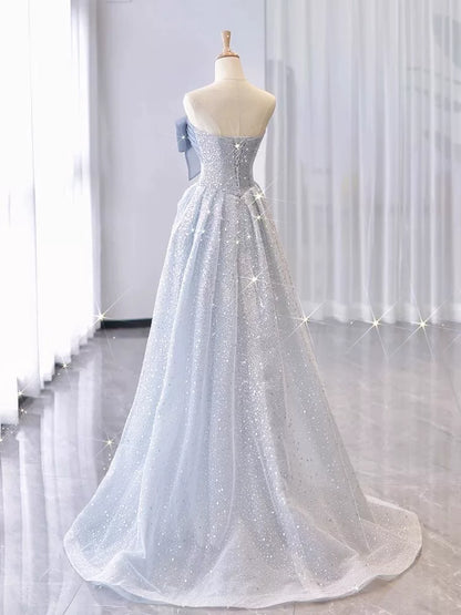 Elegantes A-Linien trägerloses staubblaues, bodenlanges ärmelloses Abendkleid für Hochzeitsbankette und Ausgeh-Outfits MP149