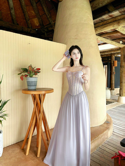 Süßes A-Linien-Kleid mit Spaghettiträgern, Flieder und Spitzenoberteil, für den 18. Geburtstag, Abendkleid für Damen, Partykleider, Urlaub, Strand-Outfits MP203