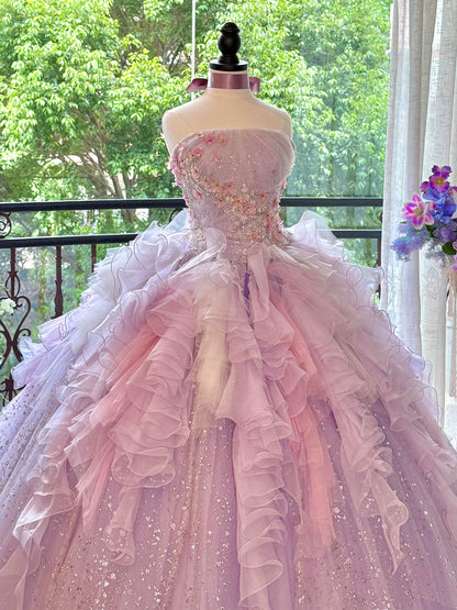 Sweet Long Tiered Quinceañera Dresses Ball Gown Strapless Lilac With Layered Ruffle Quince Dress MP162
