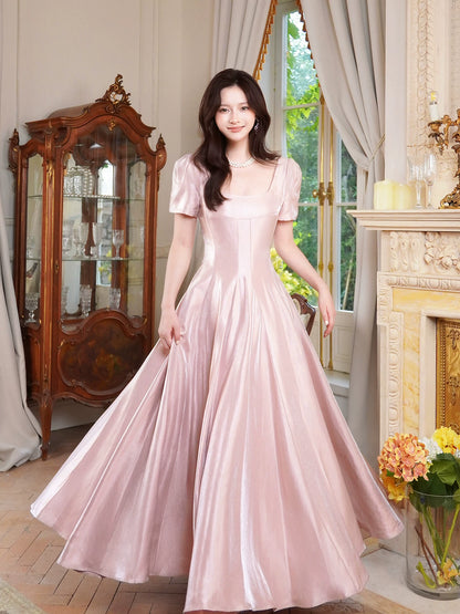French Style Casual A line Square Neck Short Sleeves Pink Satin Ideas For Women 21st Impress Birthday Dress Evening Night Outfits MP133
