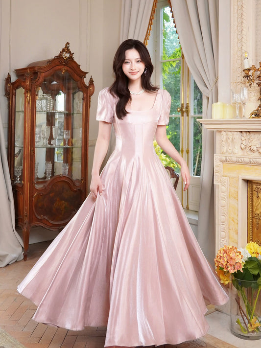 French Style Casual A line Square Neck Short Sleeves Pink Satin Ideas For Women 21st Impress Birthday Dress Evening Night Outfits MP133