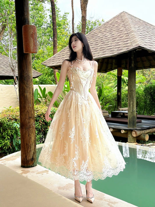 Vintage A Line Spaghetti Strap Champagne Lace 18th Birthday Gown For Women Party Dresses Holiday Beach Outfits MP216