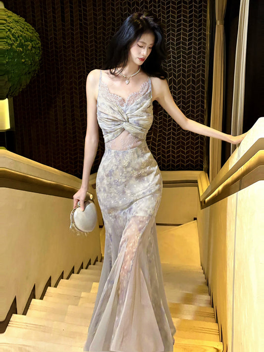 Elegant Mermaid Spaghetti Strap Lilac Floral 18th Birthday Gown For Women Party Dresses Holiday Beach Outfits MP227