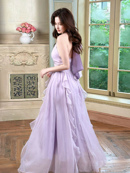 Simple A Line Halter Lilac Chiffon Ideas For Women 21st Impress Birthday Dress Evening Night Outfit MP119