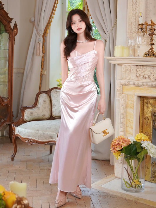 French Style Casual Sheath Spaghetti Strap Pink Satin Ideas For Women 21st Impress Birthday Dress Evening Night Outfits MP132