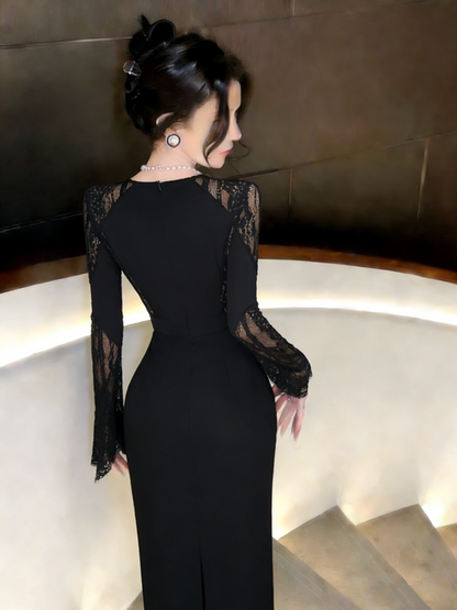 Sexy Sirène Col Rond Dentelle Noire Robes de Soirée de Mariage pour Femmes Robes de Soirée Printemps Tenues de Soirée Longues MP173