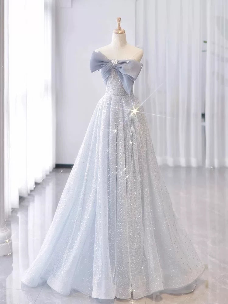 Elegantes A-Linien trägerloses staubblaues, bodenlanges ärmelloses Abendkleid für Hochzeitsbankette und Ausgeh-Outfits MP149