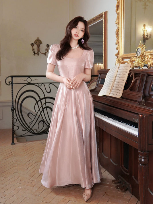 French Style Casual A line Square Neck Short Sleeves Pink Satin Ideas For Women 21st Impress Birthday Dress Evening Night Outfits MP133