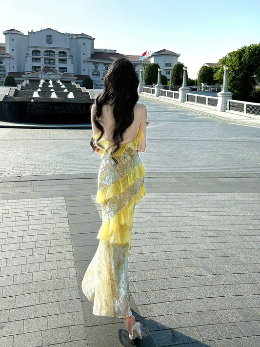 Elegant Mermaid Spaghetti Strap Yellow Lace 18th Birthday Gown For Women Party Dresses Holiday Beach Outfits MP219