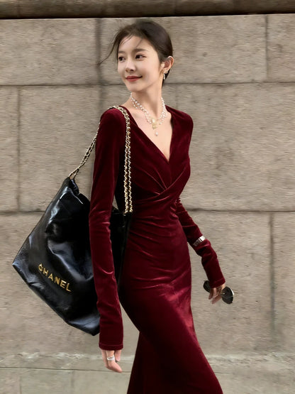 Robes de soirée en velours à col en V sexy pour femmes, robe de soirée longue, tenues de soirée MP174